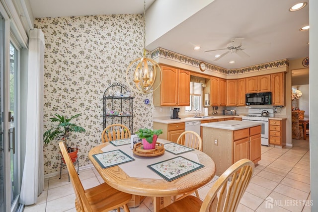 27 Dawson Ln, Monroe, NJ 08831 - kitchen featuring white appliances, wallpapered walls, light tile patterned flooring, light countertops, and ceiling fan