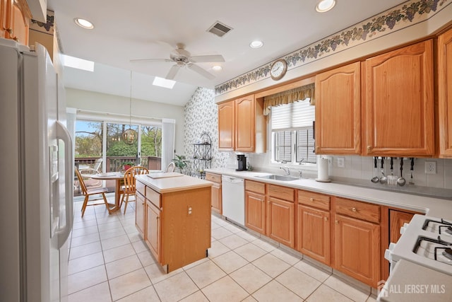 27 Dawson Ln, Monroe, NJ 08831 - kitchen with white appliances, a kitchen island, ceiling fan, healthy amount of natural light, and recessed lighting