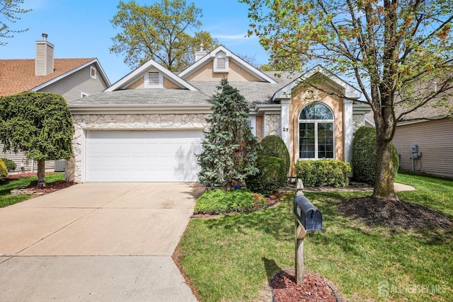 27 Dawson Ln, Monroe, NJ 08831 - traditional home featuring a garage, roof with shingles, driveway, stone siding, and a front lawn