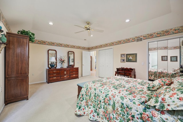 27 Dawson Ln, Monroe, NJ 08831 - bedroom featuring light carpet, two closets, baseboards, recessed lighting, and a ceiling fan
