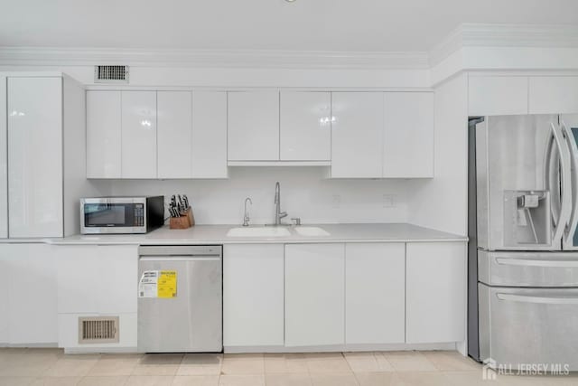kitchen featuring a sink, visible vents, white cabinets, and stainless steel appliances