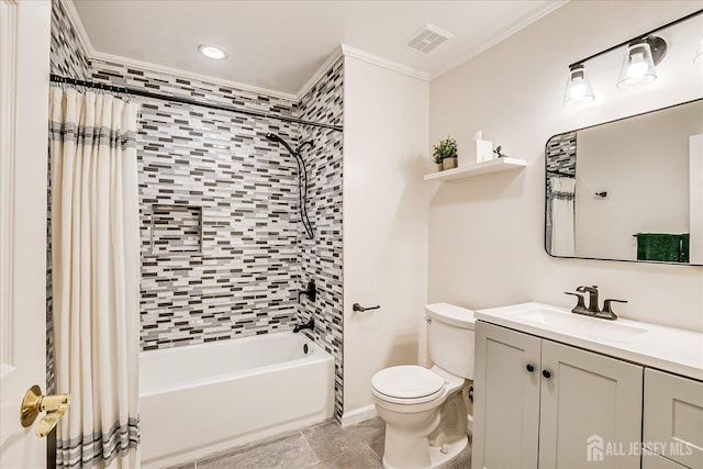 16 Rachele Ct, Old Bridge, NJ 07747 - bathroom featuring toilet, vanity, crown molding, shower / bath combo, and recessed lighting