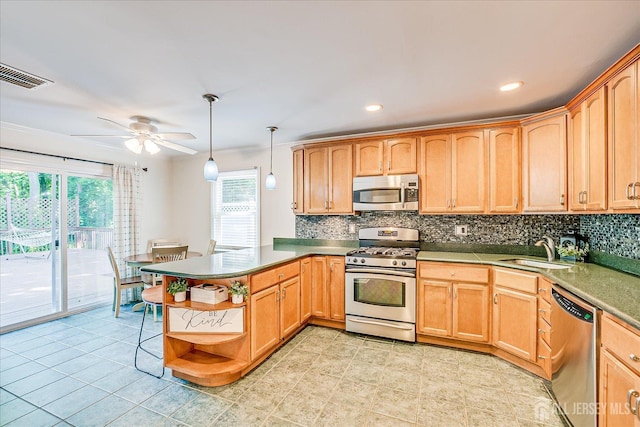 16 Rachele Ct, Old Bridge, NJ 07747 - kitchen featuring appliances with stainless steel finishes, a sink, open shelves, plenty of natural light, and recessed lighting