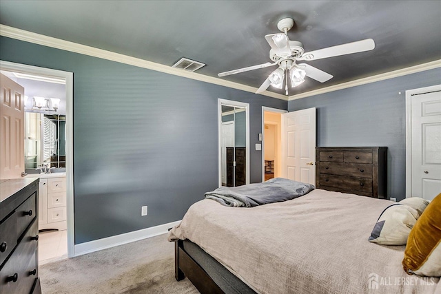16 Rachele Ct, Old Bridge, NJ 07747 - bedroom with crown molding, light carpet, baseboards, and a ceiling fan