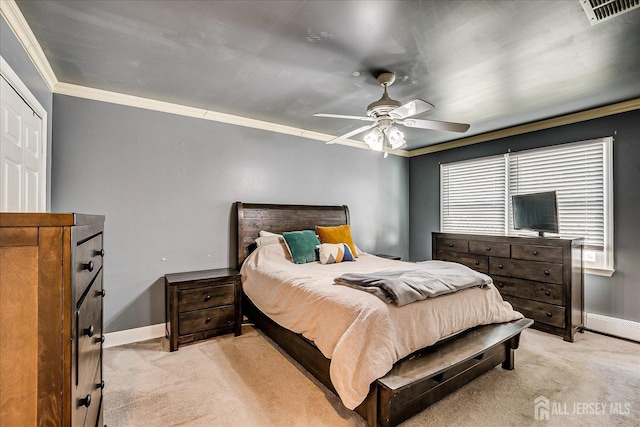 16 Rachele Ct, Old Bridge, NJ 07747 - bedroom featuring light carpet, ornamental molding, baseboards, and ceiling fan
