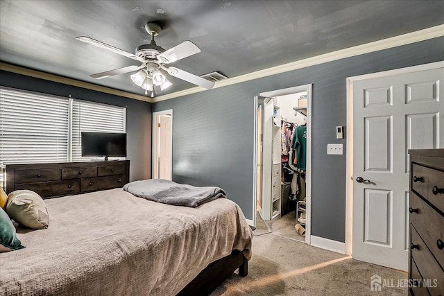 16 Rachele Ct, Old Bridge, NJ 07747 - bedroom with light carpet, crown molding, a spacious closet, baseboards, and a ceiling fan