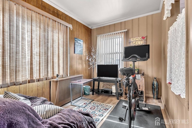 workout area featuring wood walls, crown molding, and wood finished floors