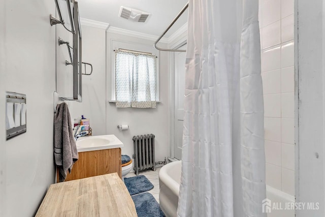 full bathroom featuring visible vents, shower / tub combo with curtain, ornamental molding, and radiator heating unit