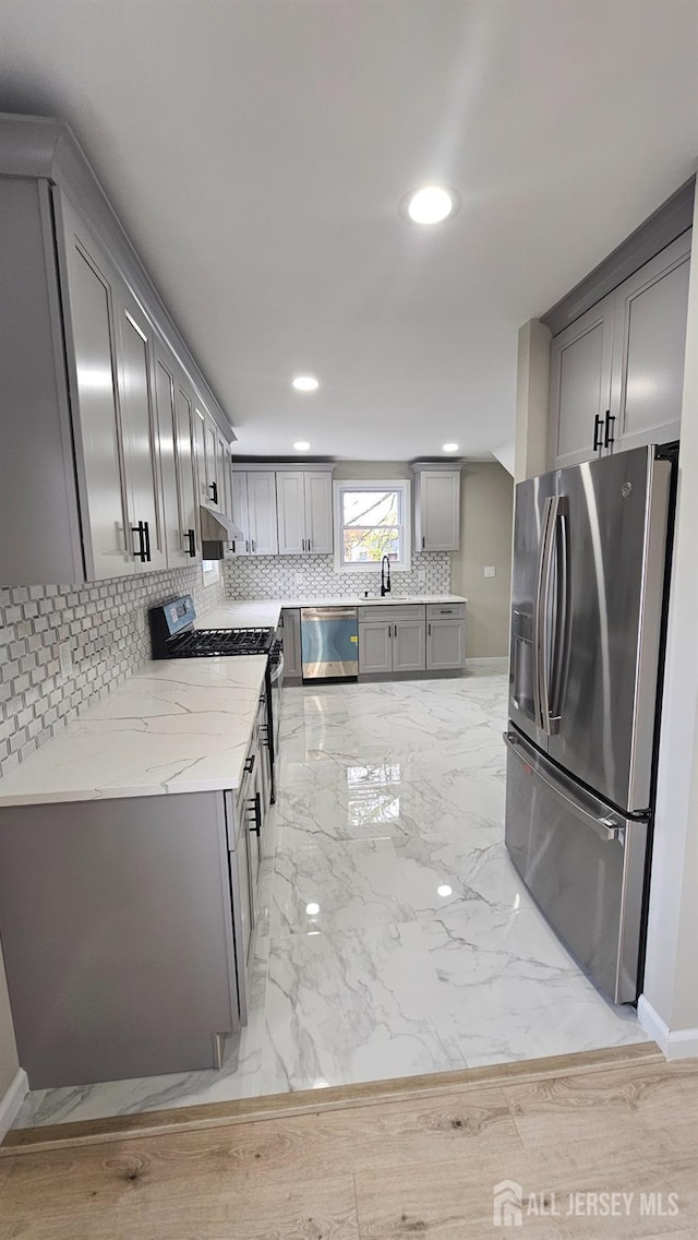 1150 Rahway Ave, Avenel, NJ 07001 - kitchen with stainless steel appliances, gray cabinets, backsplash, baseboards, and recessed lighting
