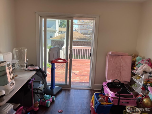 playroom featuring dark wood-type flooring