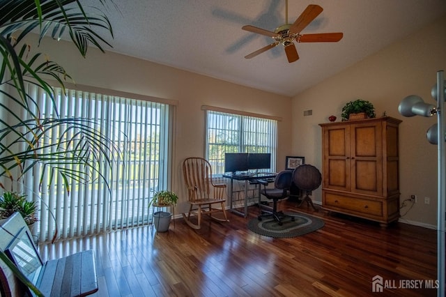 136 Chichester Rd, Monroe, NJ 08831 - living area with a ceiling fan, wood finished floors, a desk, baseboards, and high vaulted ceiling