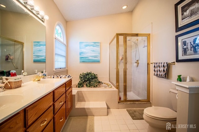 136 Chichester Rd, Monroe, NJ 08831 - bathroom featuring tile patterned floors, toilet, a bath, a shower stall, and double vanity