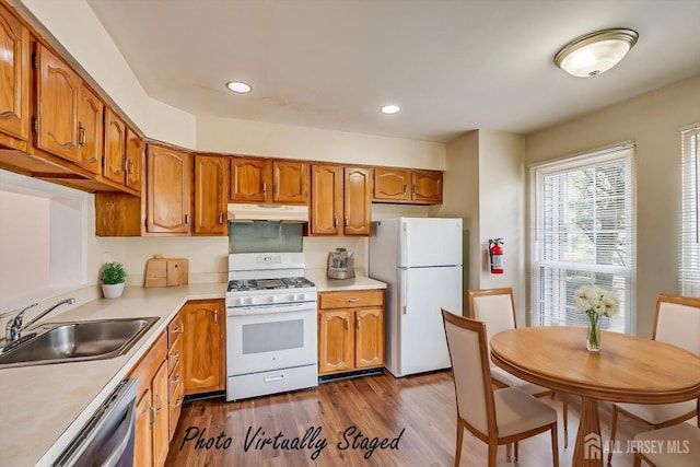 kitchen with under cabinet range hood, white appliances, a sink, light countertops, and dark wood finished floors