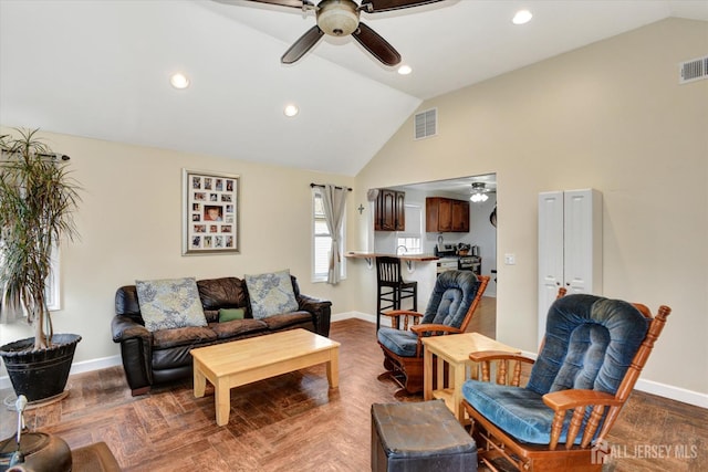274 Prospect Ave, South Amboy, NJ 08879 - living area with a ceiling fan, baseboards, recessed lighting, and high vaulted ceiling