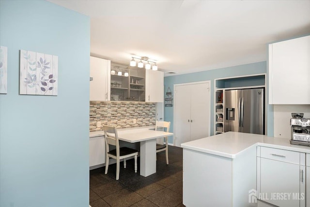 44 Lakeside Dr S, Piscataway, NJ 08854 - kitchen featuring stainless steel fridge, open shelves, decorative backsplash, white cabinetry, and a peninsula