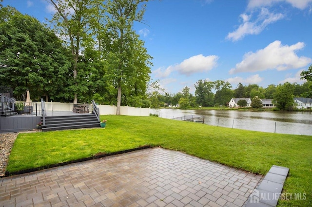 44 Lakeside Dr S, Piscataway, NJ 08854 - view of yard with a patio, a deck with water view, and view of wooded area