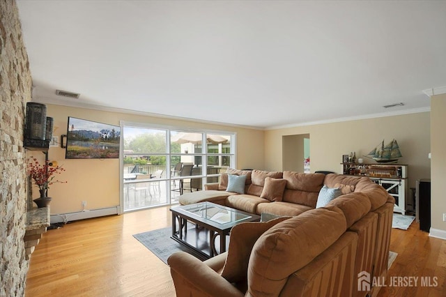 44 Lakeside Dr S, Piscataway, NJ 08854 - living room with a baseboard radiator, crown molding, and light wood-type flooring