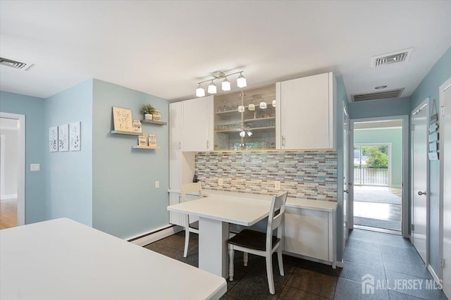 44 Lakeside Dr S, Piscataway, NJ 08854 - kitchen with tasteful backsplash, white cabinetry, open shelves, a baseboard heating unit, and light countertops