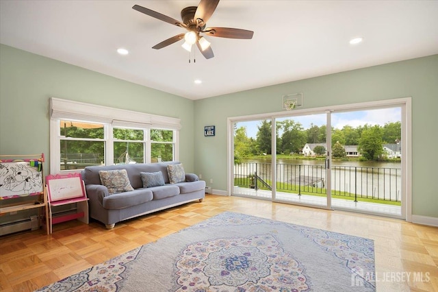 44 Lakeside Dr S, Piscataway, NJ 08854 - living room featuring ceiling fan, a water view, baseboards, and recessed lighting