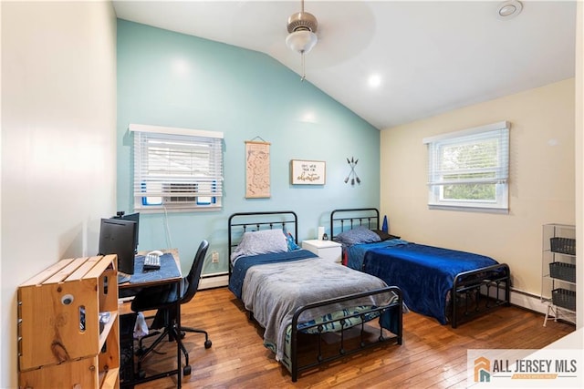 47 Dewitt Ter, Colonia, NJ 07067 - bedroom with hardwood / wood-style floors, multiple windows, an office area, baseboard heating, and high vaulted ceiling