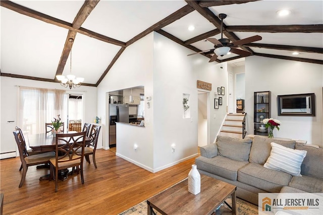 47 Dewitt Ter, Colonia, NJ 07067 - living area with a ceiling fan, light wood-style flooring, a chandelier, beamed ceiling, and stairway