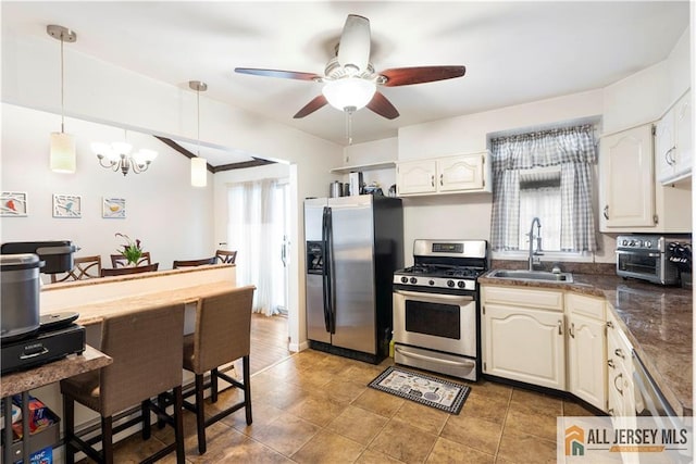 47 Dewitt Ter, Colonia, NJ 07067 - kitchen with appliances with stainless steel finishes, plenty of natural light, dark countertops, and ceiling fan