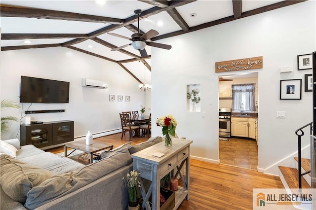 47 Dewitt Ter, Colonia, NJ 07067 - living area featuring a ceiling fan, a wall mounted AC, light wood finished floors, recessed lighting, and stairway