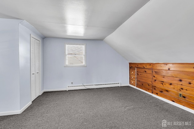 additional living space with carpet, baseboard heating, and vaulted ceiling