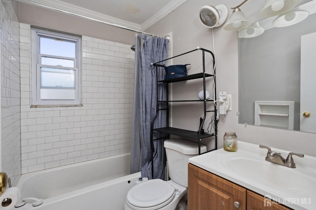 bathroom with vanity, ornamental molding, shower / bath combo with shower curtain, and toilet