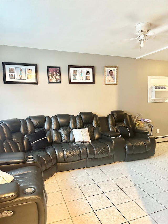 44 S Ward St, New Brunswick, NJ 08901 - living room with light tile patterned floors, an AC wall unit, a baseboard heating unit, and ceiling fan
