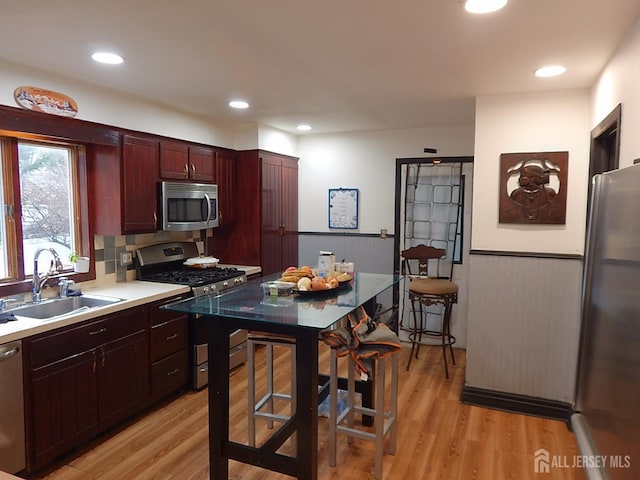 kitchen with a sink, stainless steel appliances, light wood-style floors, wainscoting, and dark brown cabinets