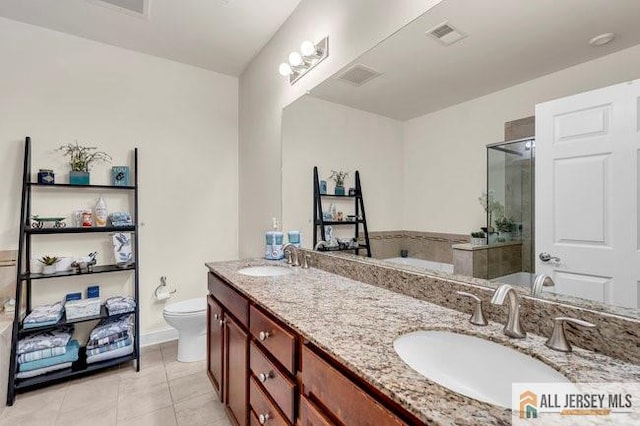 7203 Minuteman Ln, Franklin, NJ 08873 - bathroom featuring double vanity, a stall shower, tile patterned flooring, and a garden tub
