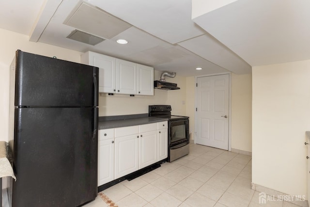 kitchen with dark countertops, black appliances, under cabinet range hood, and white cabinetry