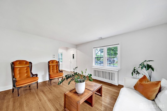 10 Shaw Dr, Franklin, NJ 08528 - living area with arched walkways, wood finished floors, and radiator