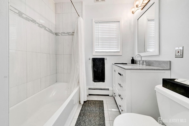 10 Shaw Dr, Franklin, NJ 08528 - bathroom featuring baseboard heating, vanity, shower / bath combination with curtain, and tile patterned floors