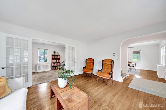 10 Shaw Dr, Franklin, NJ 08528 - living room with arched walkways, radiator heating unit, and wood finished floors