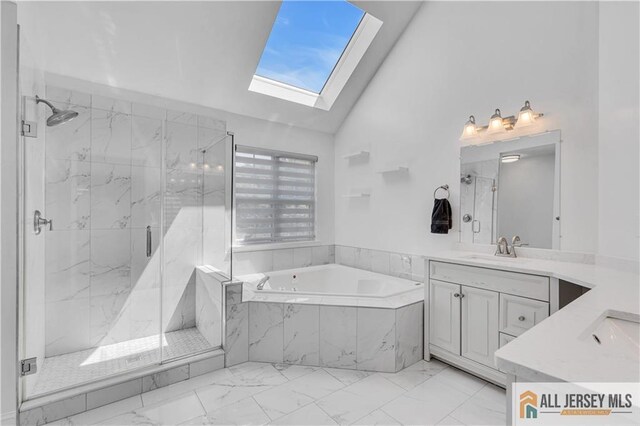 11 Hawk Ct, East Brunswick, NJ 08816 - full bathroom with vanity, a skylight, marble look tile flooring, a bath, and a marble finish shower