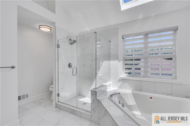 11 Hawk Ct, East Brunswick, NJ 08816 - bathroom featuring a garden tub, marble look tile flooring, a marble finish shower, and a skylight