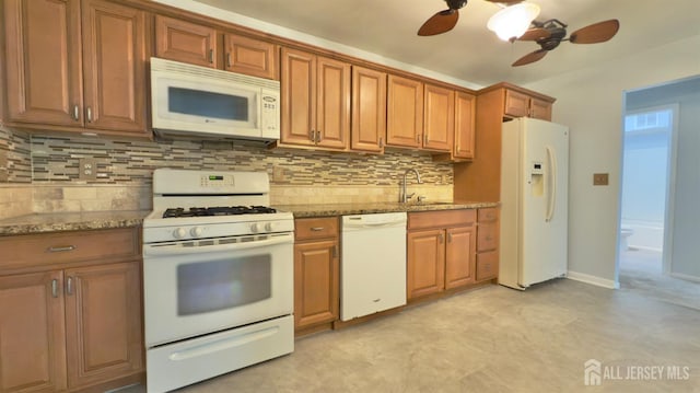 1037 Cricket Ln, Woodbridge Proper, NJ 07095 - kitchen featuring white appliances, ceiling fan, backsplash, and stone countertops