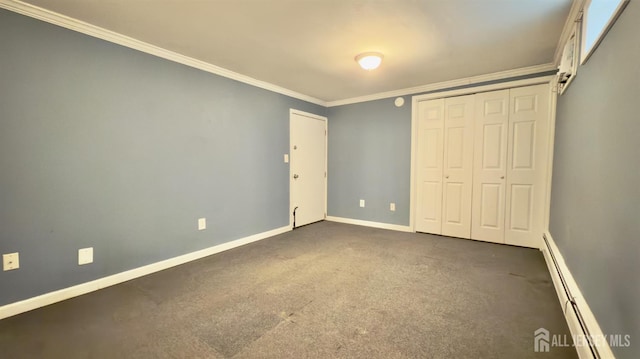1037 Cricket Ln, Woodbridge Proper, NJ 07095 - unfurnished bedroom with baseboard heating, ornamental molding, and a closet