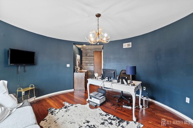 13 Eagle Nest Rd, Colts Neck, NJ 07722 - home office featuring a chandelier, baseboards, and wood finished floors