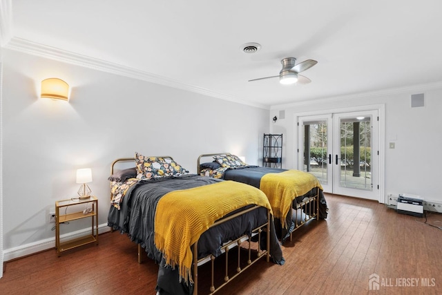 bedroom featuring hardwood / wood-style floors, visible vents, french doors, crown molding, and access to outside