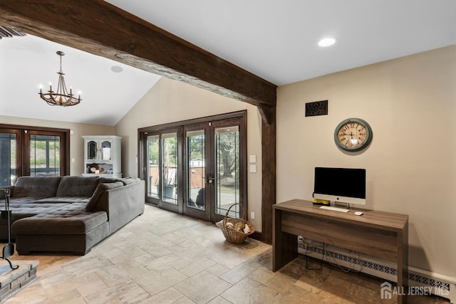 living room featuring lofted ceiling with beams, a baseboard heating unit, stone tile floors, french doors, and a chandelier