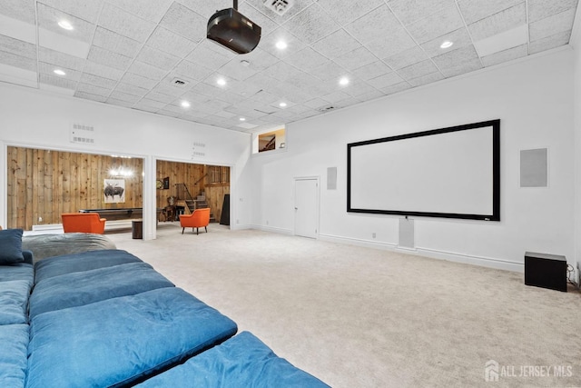 carpeted cinema featuring recessed lighting, visible vents, and baseboards