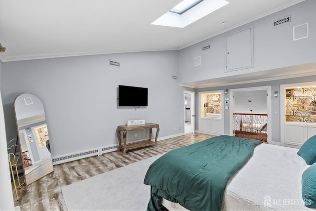 13 Eagle Nest Rd, Colts Neck, NJ 07722 - bedroom featuring a skylight, baseboard heating, wood finished floors, ornamental molding, and high vaulted ceiling