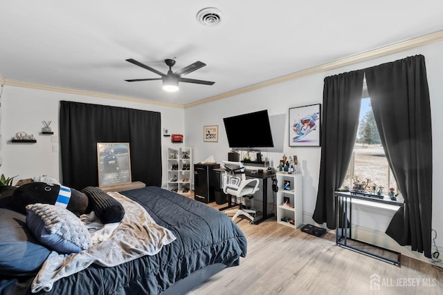 13 Eagle Nest Rd, Colts Neck, NJ 07722 - bedroom featuring ornamental molding, an office area, light wood-type flooring, and a ceiling fan