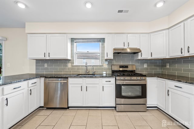 96 Lark Dr, South River, NJ 08882 - kitchen with stainless steel appliances, under cabinet range hood, white cabinets, and recessed lighting