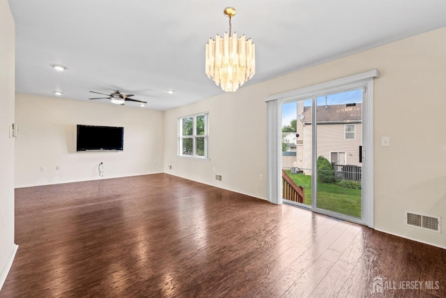 96 Lark Dr, South River, NJ 08882 - unfurnished living room featuring wood finished floors, a chandelier, ceiling fan, and recessed lighting