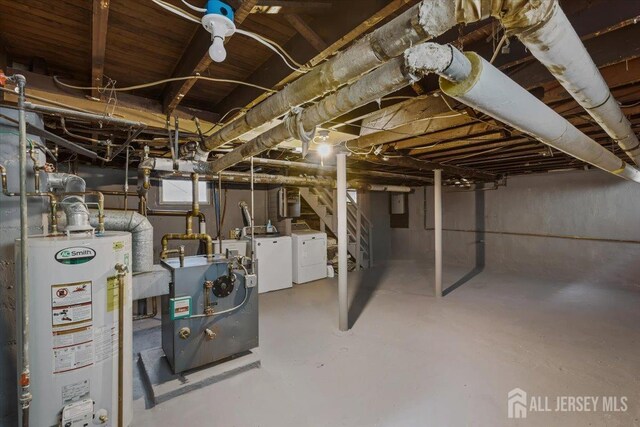 13 Lillian Ter, Woodbridge Proper, NJ 07095 - unfinished below grade area with water heater, independent washer and dryer, stairs, and a heating unit