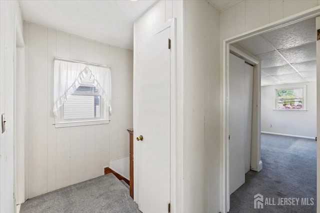 hall with carpet, wood walls, and baseboards